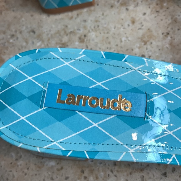 NWOT Larroude Aqua Argyle Brigitte Mules Patent Leather Slide Heels Size 8 - Picture 5 of 10